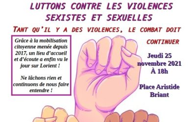 Manifestation jeudi 25 novembre à Lorient,  journée internationale pour l’élimination de la violence à l’égard des femmes : STOP aux violences sexistes et sexuelles.